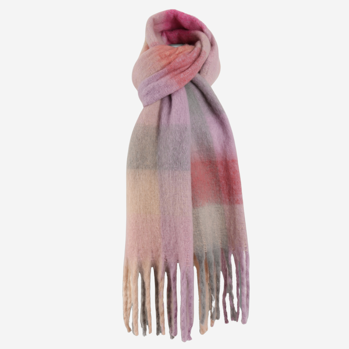 A knotted, soft plaid scarf in pink, beige, and light gray tones.