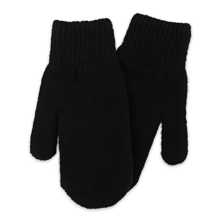 A pair of black knit mittens with ribbed cuffs, displayed against a plain white background.