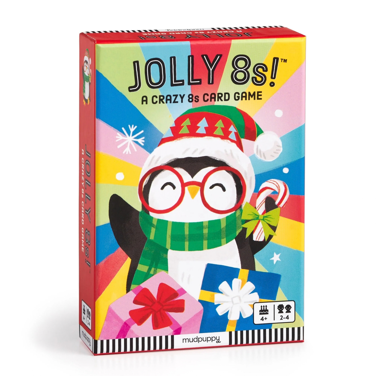 Card game box titled 'Jolly 8s!' with a penguin illustration on a colorful background.