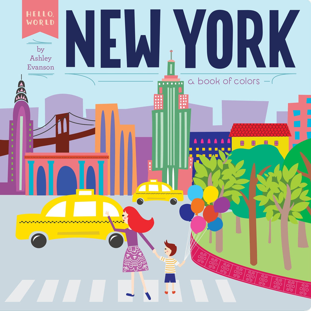 A colorful board book cover featuring illustrations of New York City iconic landmarks, a yellow taxi, and children playing.