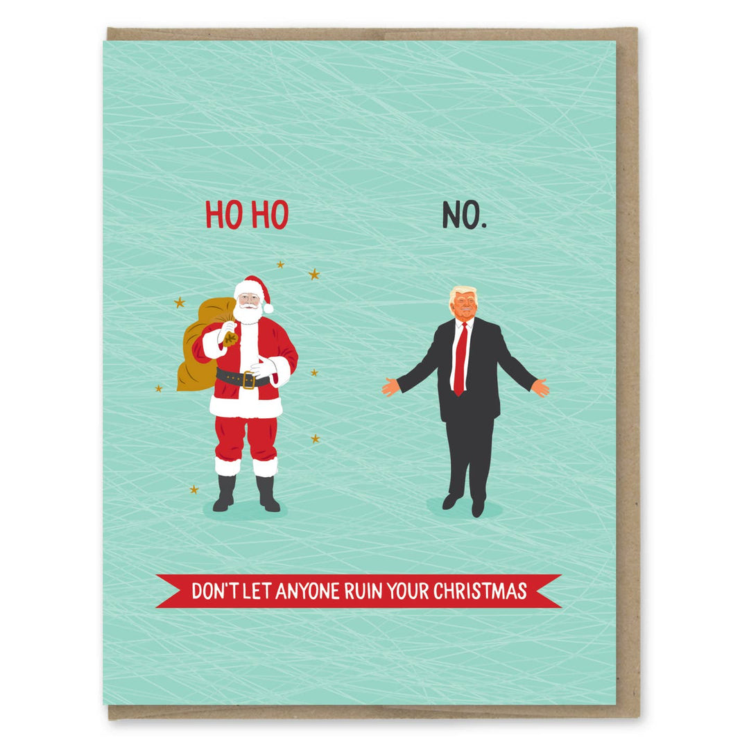 A square Christmas greeting card with a light aqua background and a kraft envelope partially visible behind it. The card features an illustration of Santa Claus holding a sack and a man in a black suit with a red tie, captioned with the text &