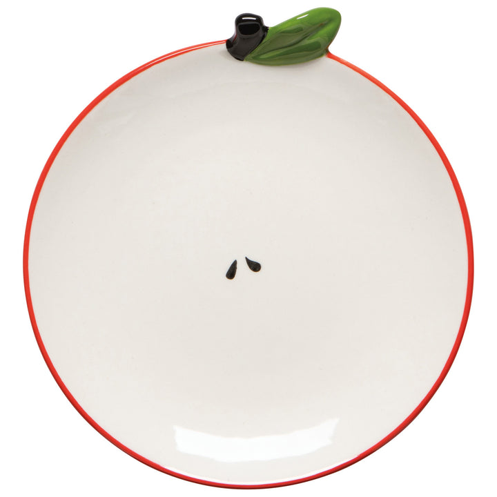 White plate with red rim and green stem resembling an apple on a white background