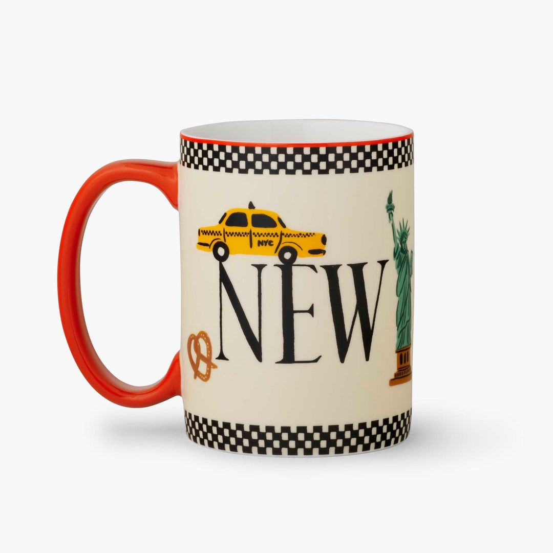 Mug with New York-themed design featuring a taxi and Statue of Liberty on a white background