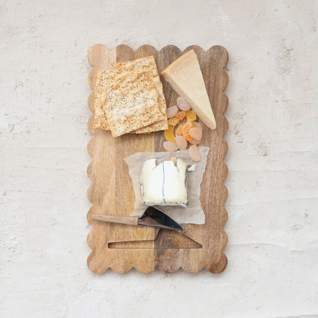 Mango Wood Scalloped Serving Board w/ Stainless Steel Cheese Knife