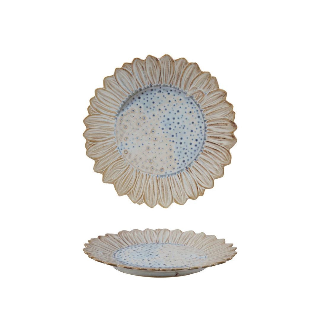Stoneware Flower Shaped Plate, White &amp; Blue