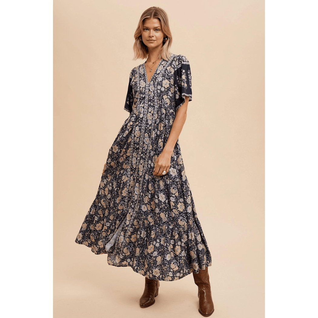 Border Print Button Midi Dress - Midnight - Lockwood Shop - In Loom