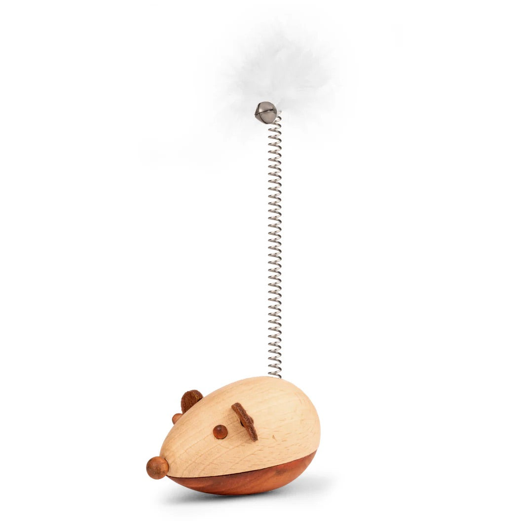 Wooden toy mouse with a spring on a white background