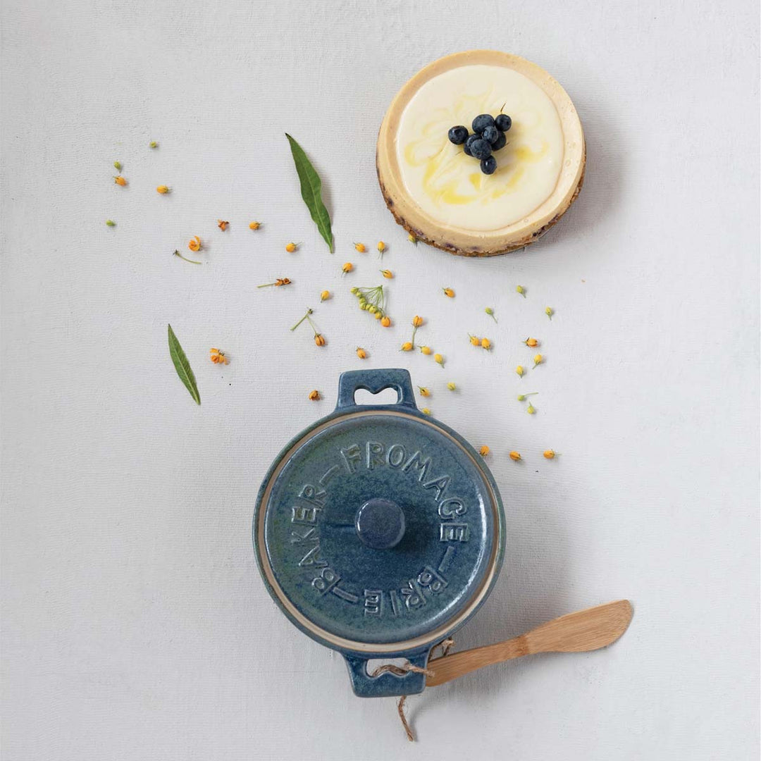 Stoneware Brie Baker with Bamboo Spreader in Blue