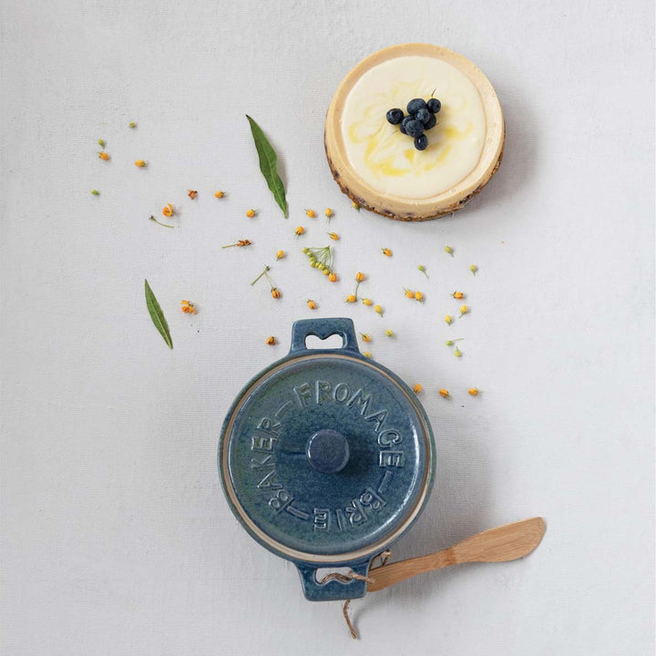 Stoneware Brie Baker with Bamboo Spreader in Blue