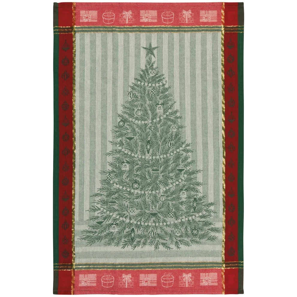 A rectangular holiday-themed textile or mat featuring a large green Christmas tree motif in the center, bordered by red bands with small white festive icons and dark green side panels.