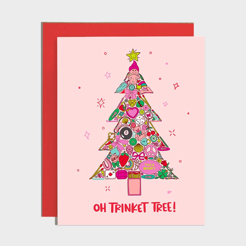 A pink greeting card with a red envelope, featuring a colorful illustrated Christmas tree made of party and drink-themed icons, with the text 'OH TRINKET TREE!' on a light gray background.