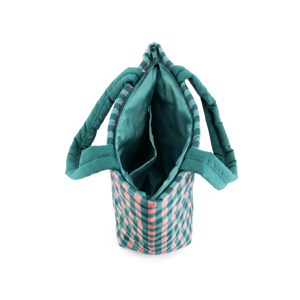 A quilted insulated tote bag shown from a top-down view, featuring a teal and pink gingham pattern on the exterior and a solid teal interior.