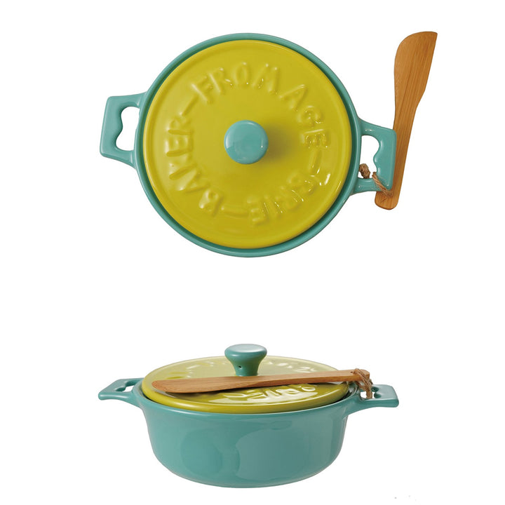 Stoneware Brie Baker w/ Wood Spreader, Blue &amp; Green