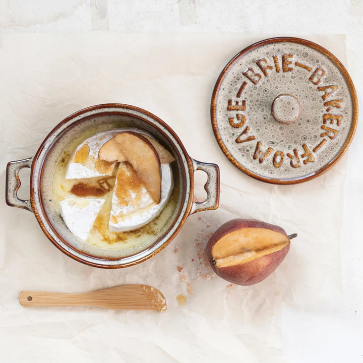 Stoneware Brie Baker with Wood Spreader in Brown