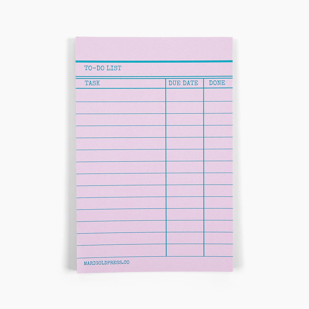 A pink to-do list notepad with blue lines and text, featuring columns for Task, Due Date, and Done. The brand name &
