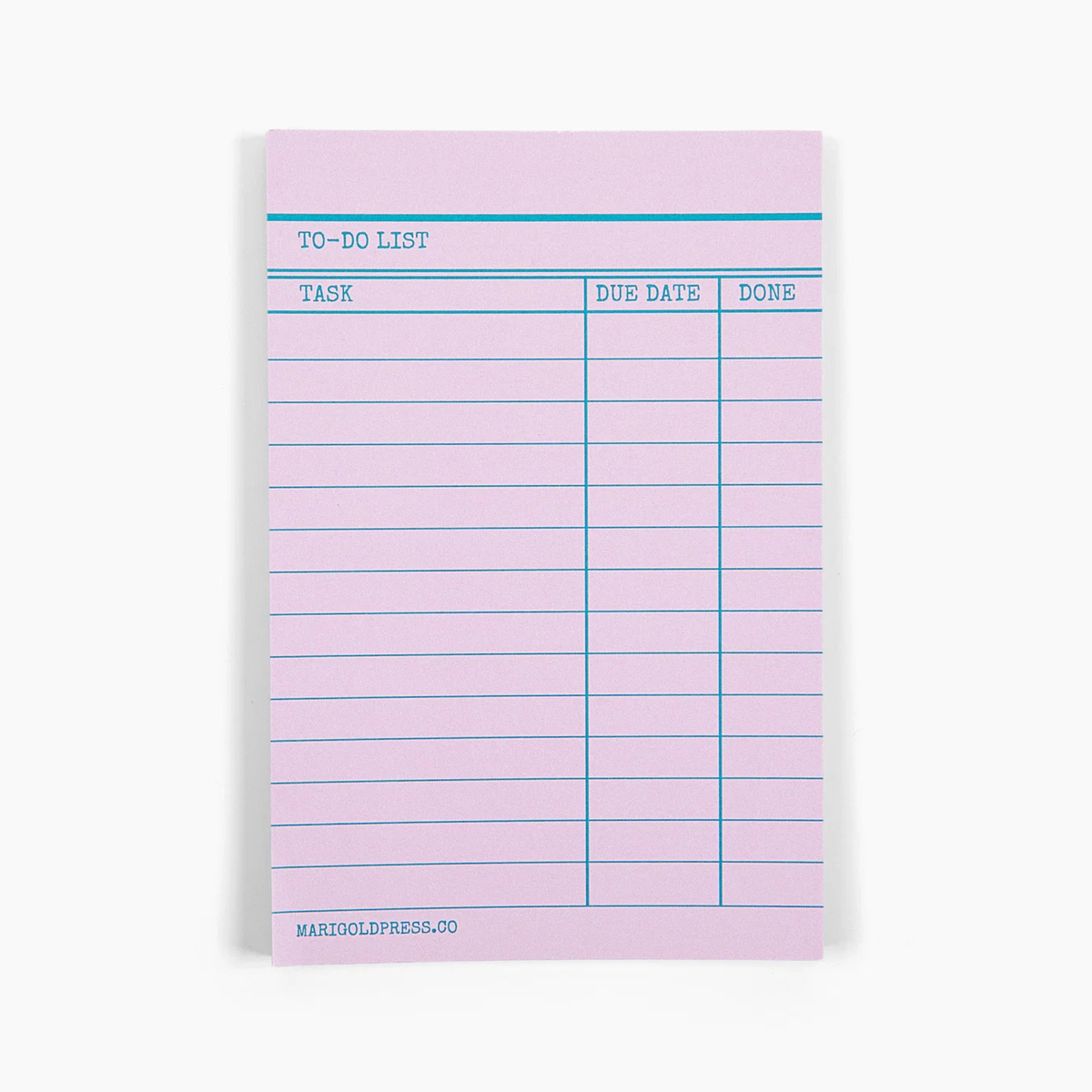 A pink to-do list notepad with blue lines and text, featuring columns for Task, Due Date, and Done. The brand name 'WANDERPRESS.