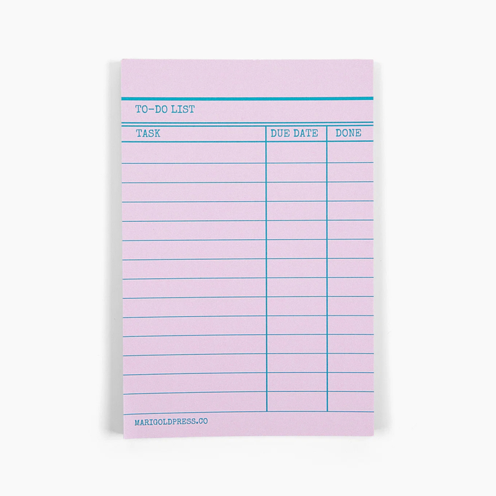 A pink to-do list notepad with blue lines and text, featuring columns for Task, Due Date, and Done. The brand name &