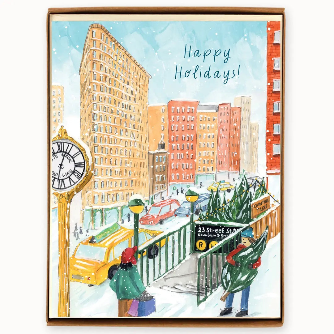 Holiday card with a cityscape illustration, yellow taxi, and people in winter clothing.