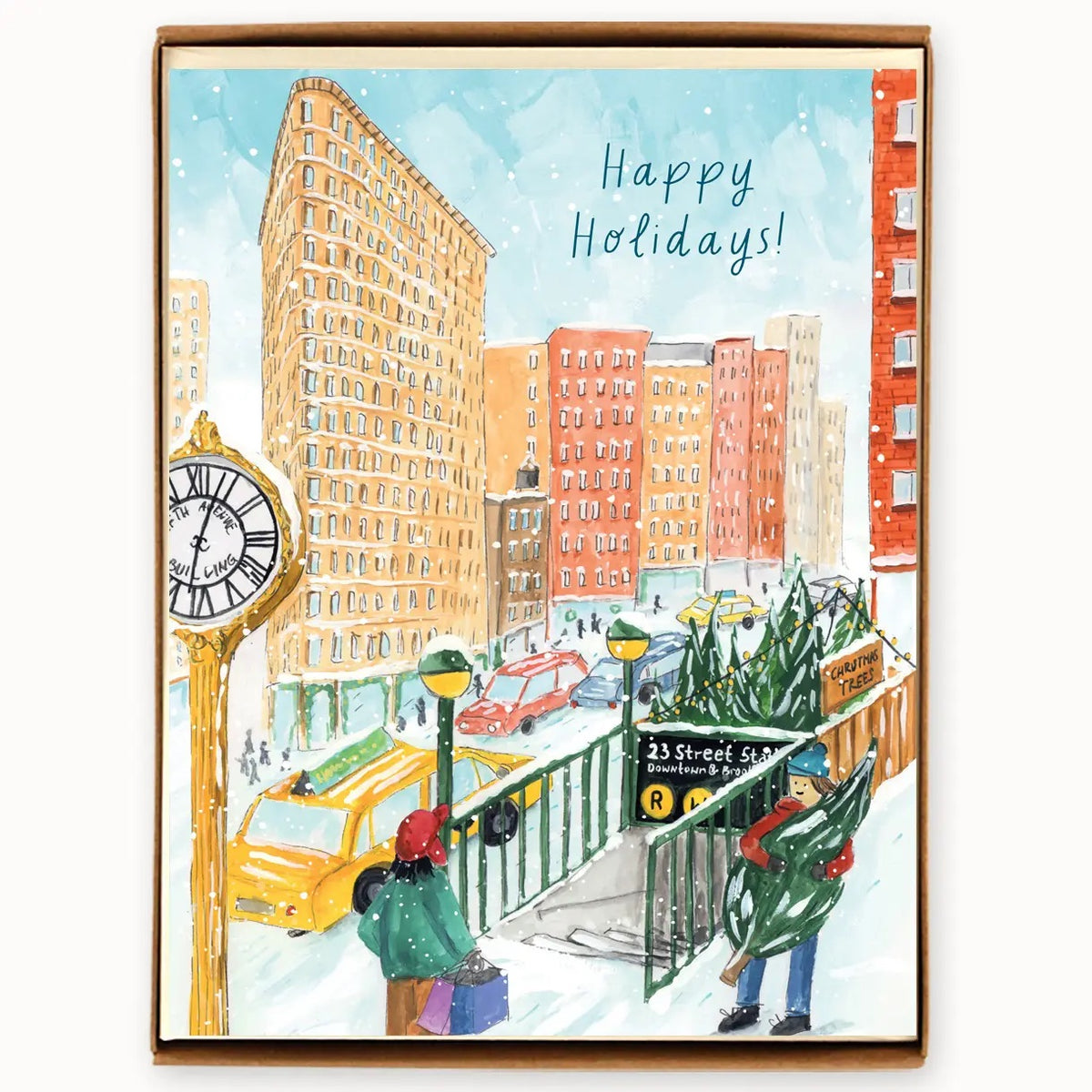 Holiday card with a cityscape illustration, yellow taxi, and people in winter clothing.