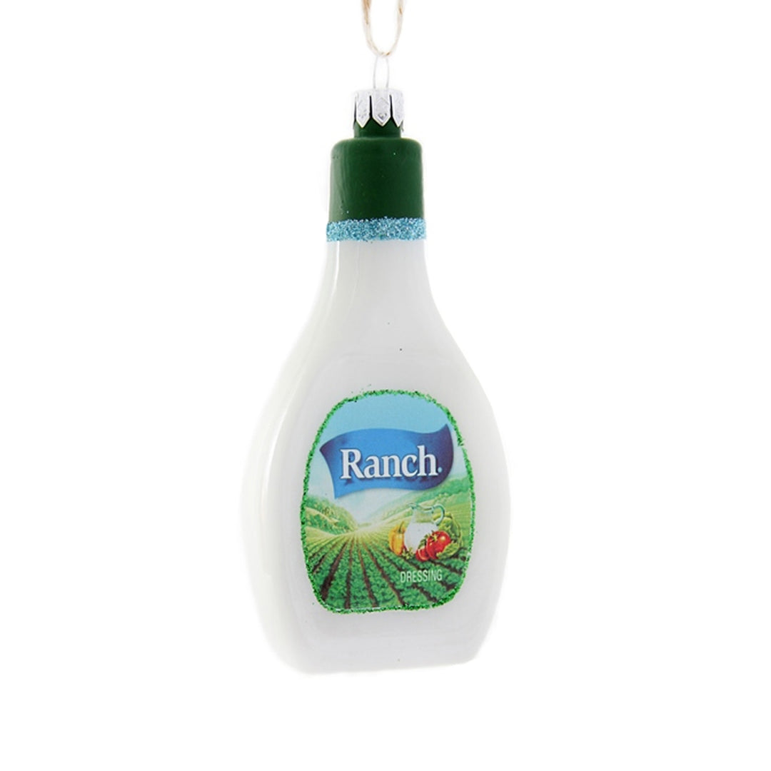 Ranch dressing bottle ornament on a white background