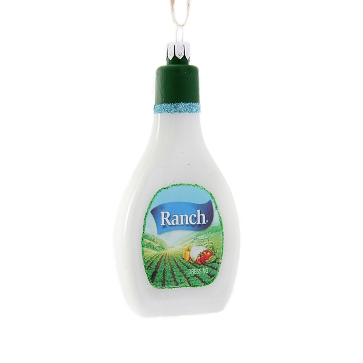 Ranch dressing bottle ornament on a white background