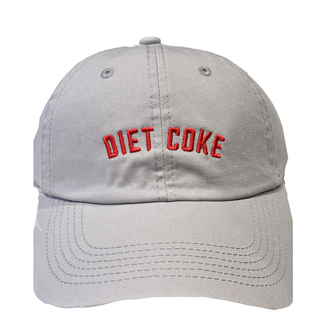 A gray hat with red embroidered lettering that reads "Diet Coke."