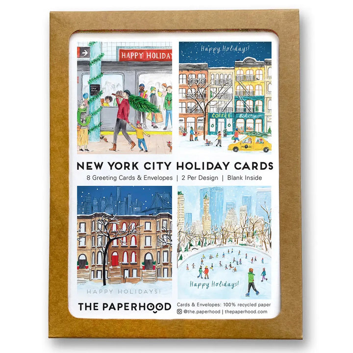 Packaging of New York City holiday cards with illustrations of city scenes.