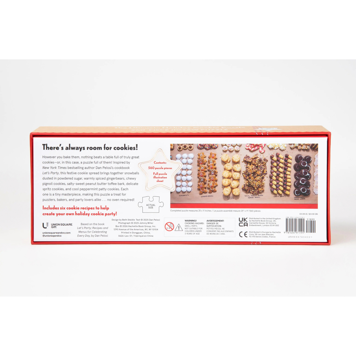 The back of a boxed cookie puzzle set, showing product information, a photo collage of decorated cookies, and a barcode on a white background.