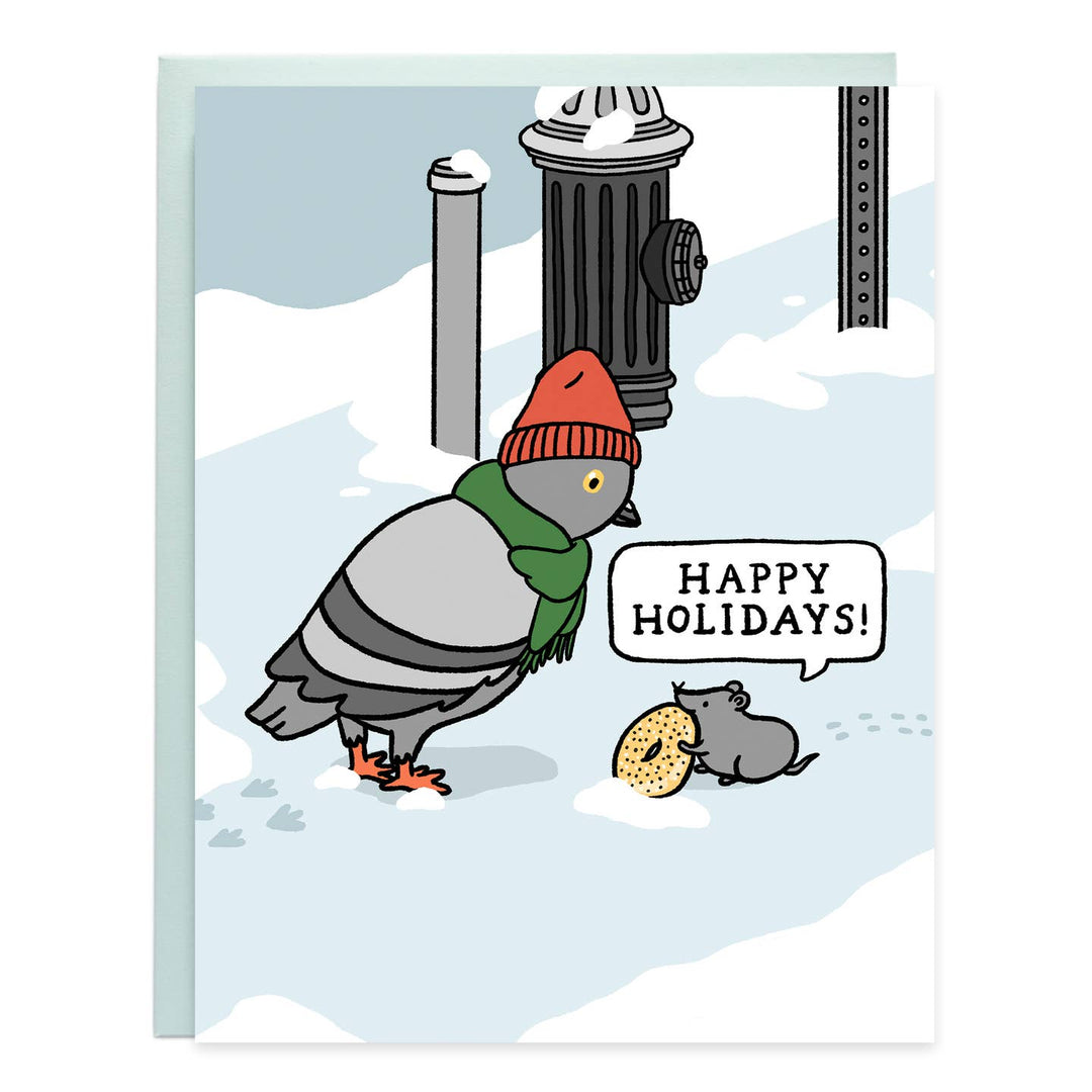 Cartoon pigeon wearing a red hat and green scarf with a small mouse, both standing next to a fire hydrant, on a snowy background with &