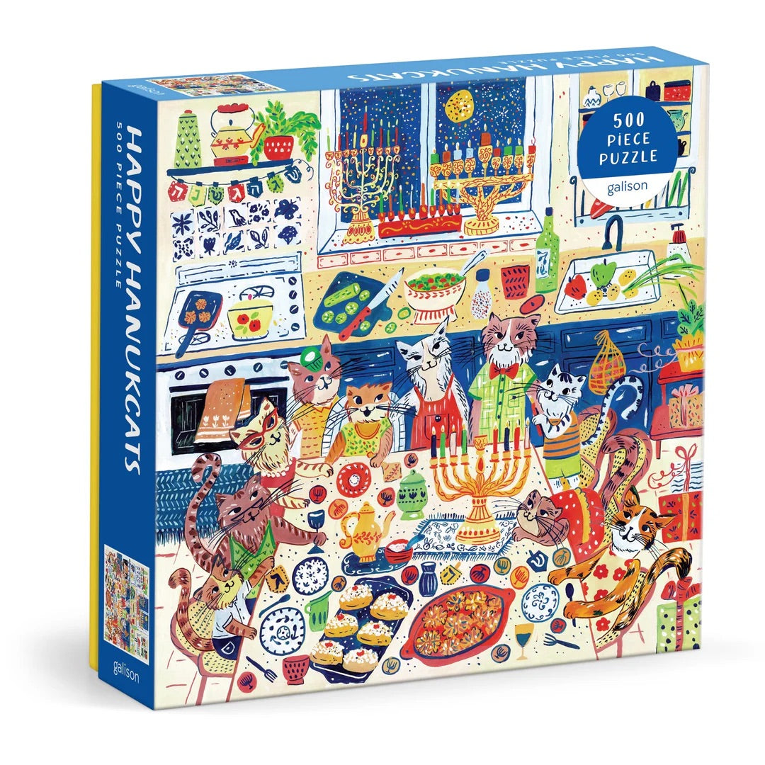 Jigsaw puzzle box with colorful design featuring cats and Hanukkah elements, brand 'Gallivan' visible.