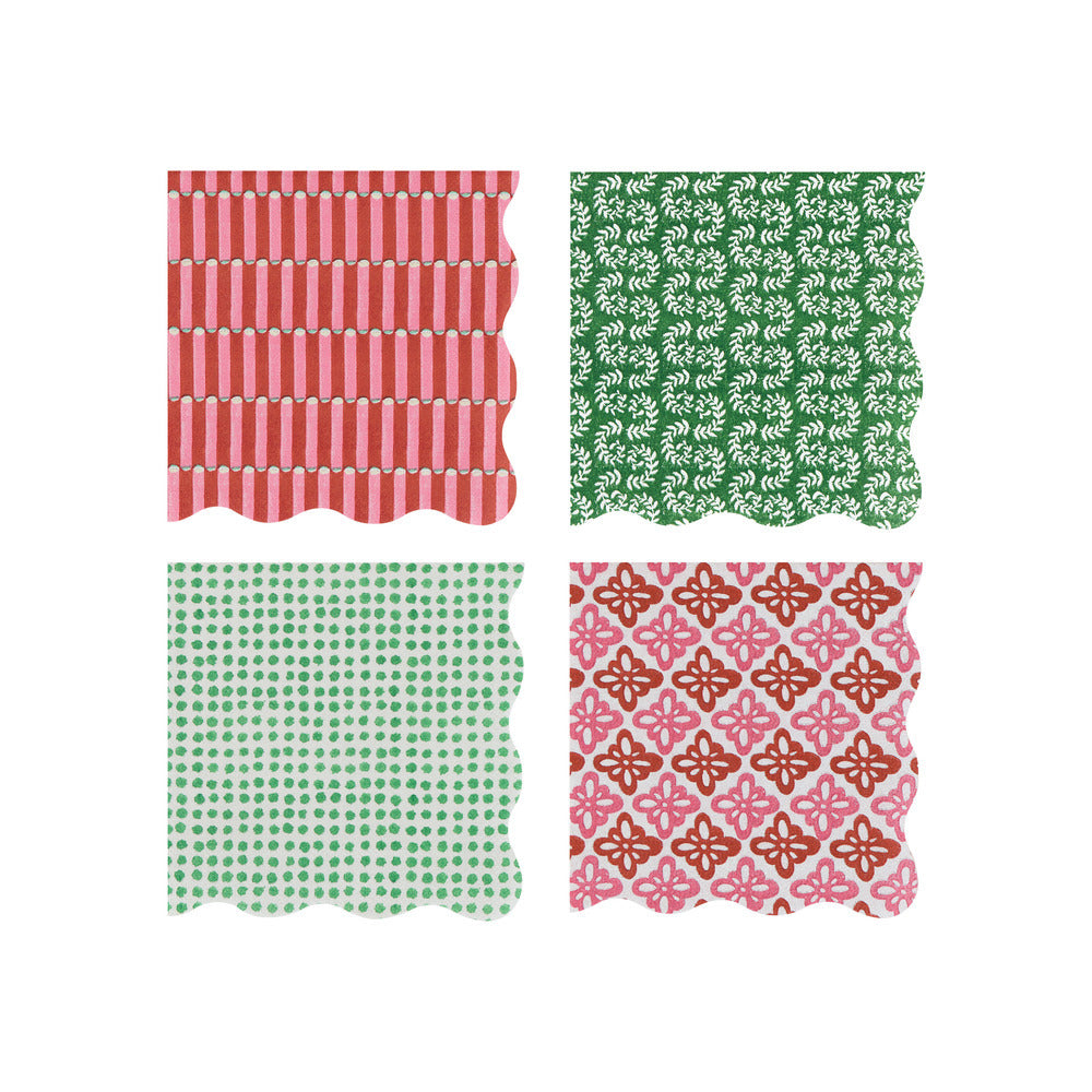 Four square swatches of patterned paper or fabric shown in a 2x2 grid on a white background. The top-left swatch has pink and white vertical stripes, the top-right has a green background with white floral motifs, the bottom-left has a light green background with small green dots, and the bottom-right has a pink and brown geometric lattice pattern.
