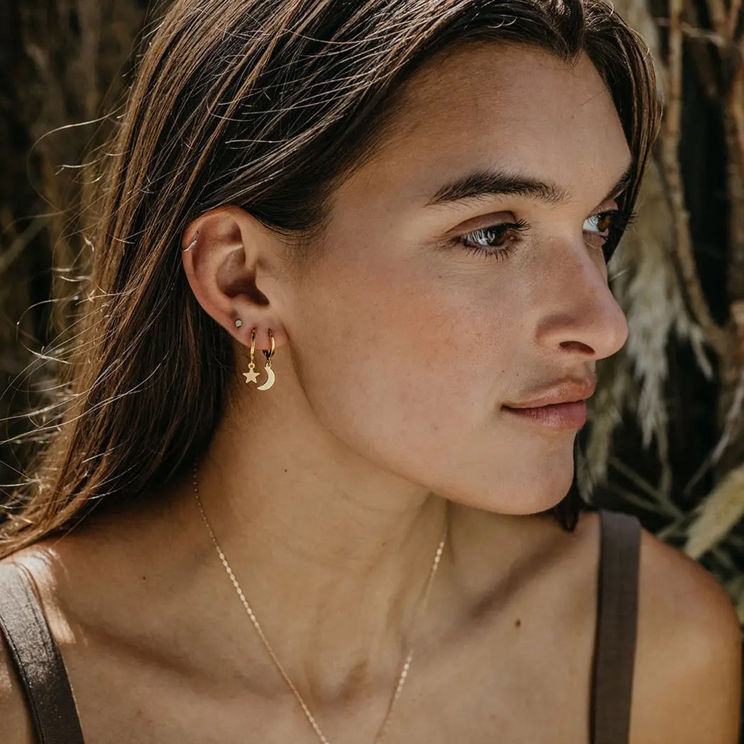 Night Sky Star &amp; Crescent Moon Huggie Hoops