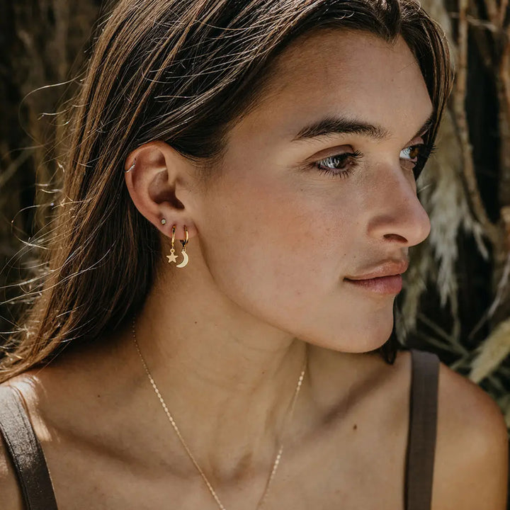 Night Sky Star &amp; Crescent Moon Huggie Hoops