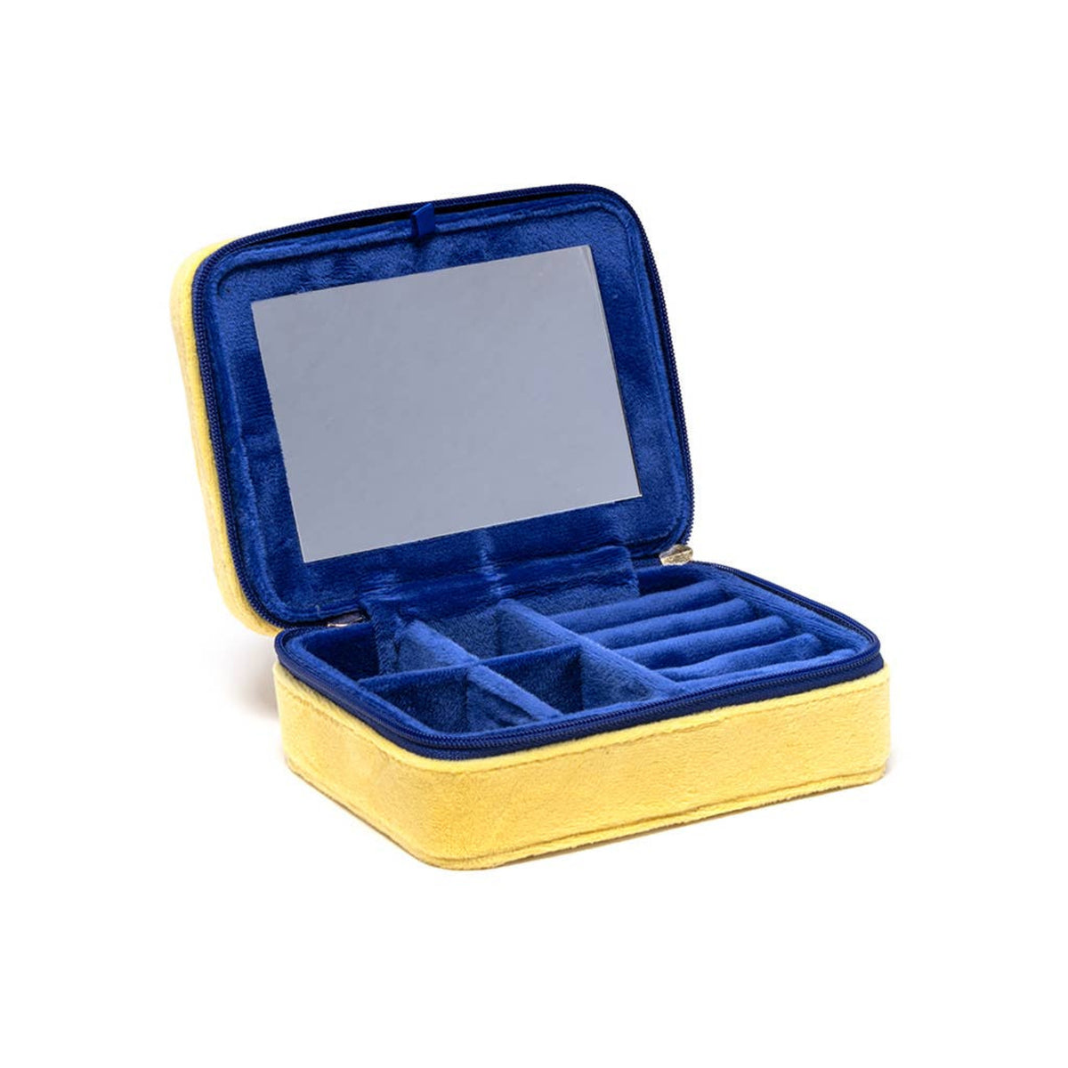 Yellow jewelry box with blue interior on a white background