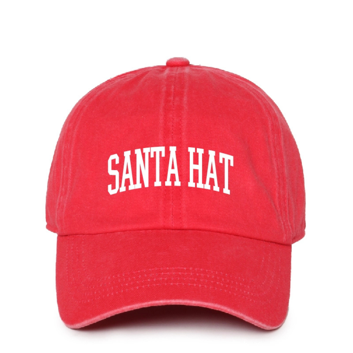 A red baseball cap with 'SANTA HAT' embroidered in white arched letters on the front, shown against a plain white background.