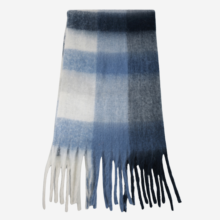 A soft plaid scarf with a gradient transition from white and light blue to medium blue and dark navy, finished with fringed ends, shown against a plain white background.