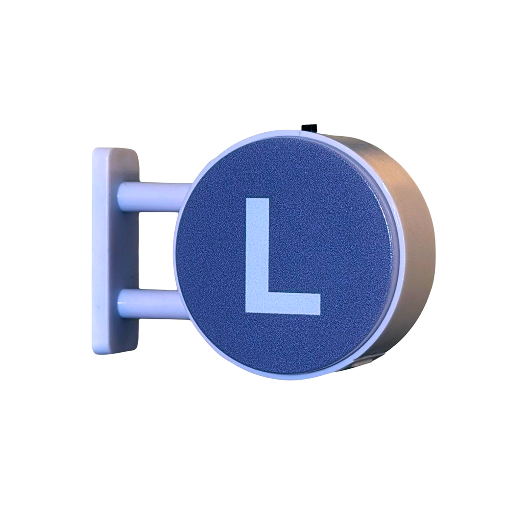 A circular blue and white &