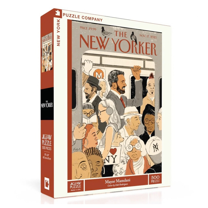 A 500-piece jigsaw puzzle box featuring The New Yorker cover art, branded with &
