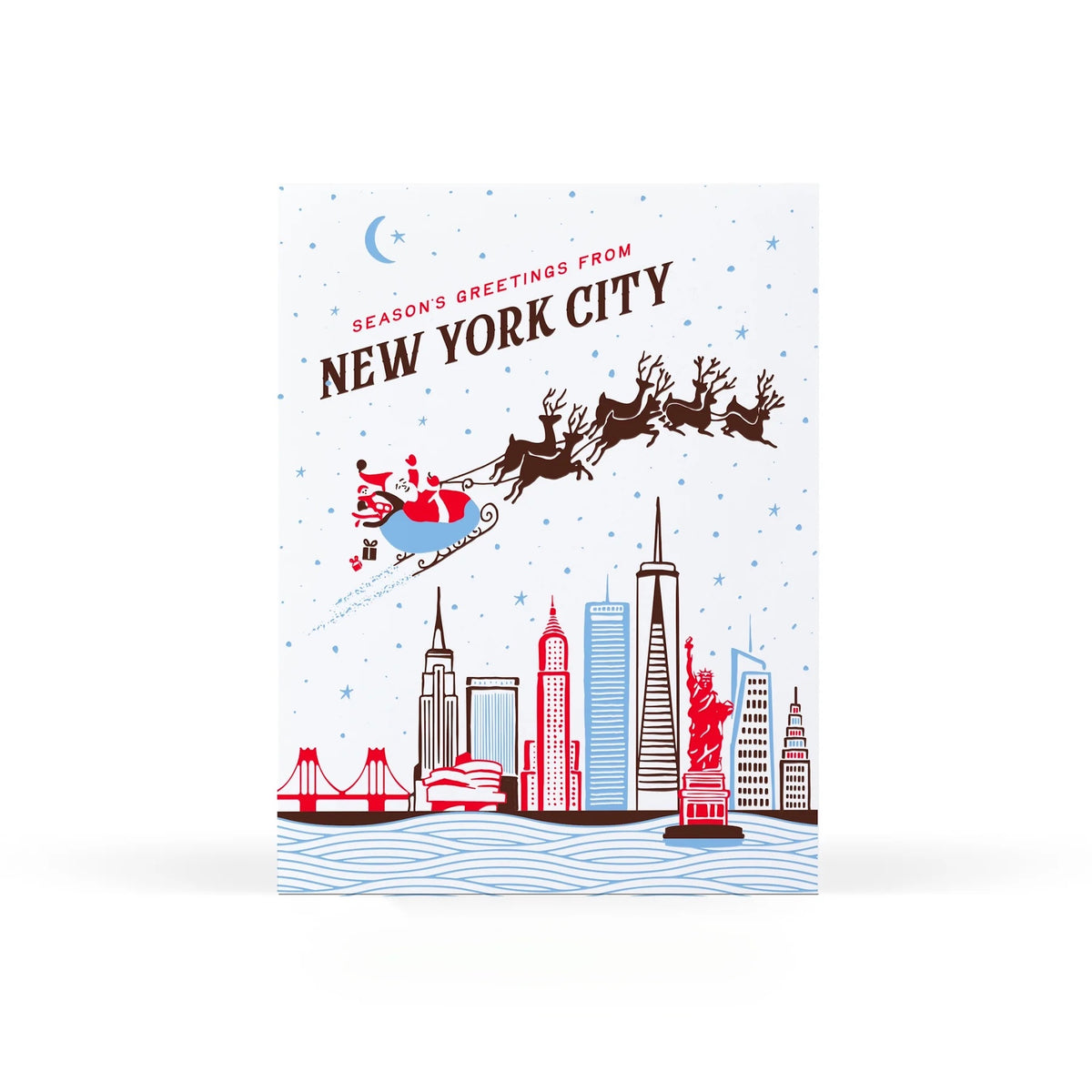 A retro holiday greeting card featuring Santa Claus in his sleigh flying over an illustrated New York City skyline.
