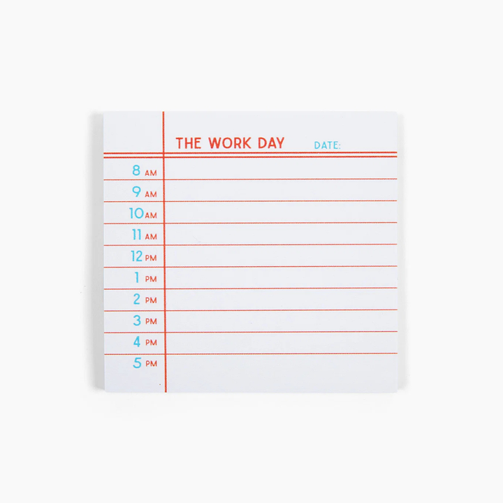 A white daily planner notepad with a red vertical line and red header text reading &