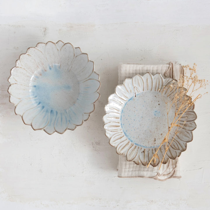 Stoneware Flower Shaped Plate, White &amp; Blue
