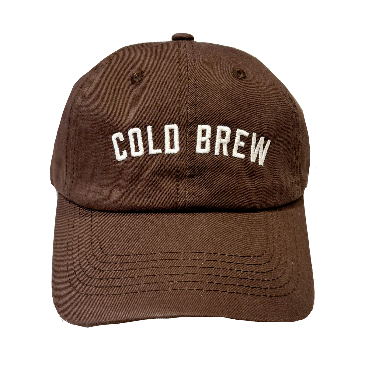 A dark brown hat with white embroidered lettering that reads "Cold Brew."