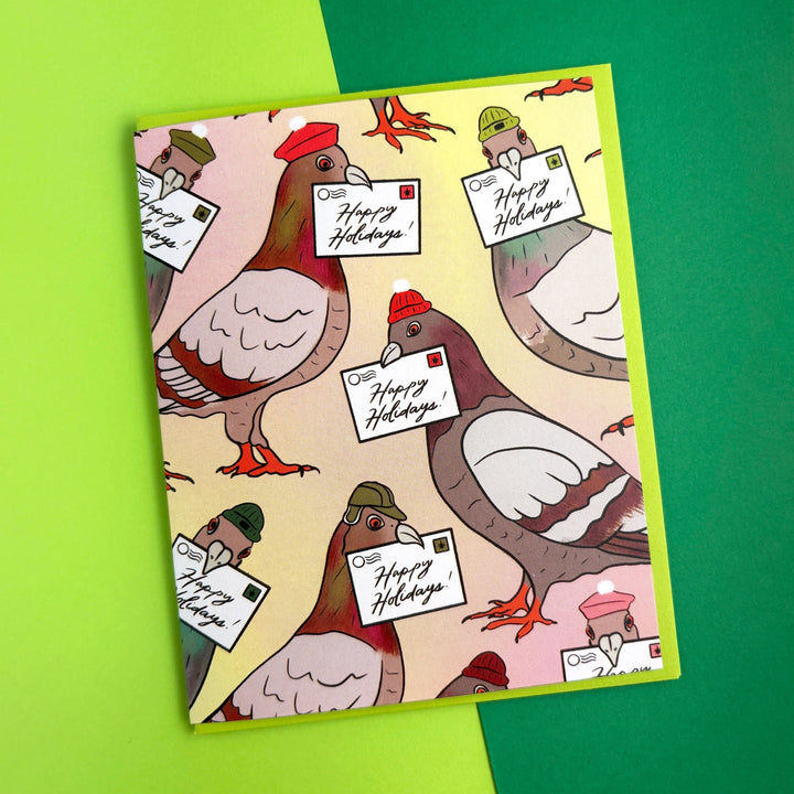 Card with illustrated pigeons wearing hats and holding &