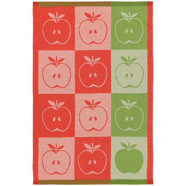 A square woven textile, likely a tea towel or rug, featuring a pattern of stylized apples in red, pink, and green checkered squares with a solid red border.