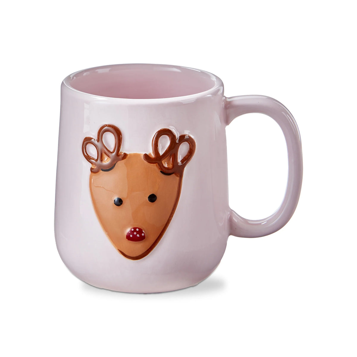 Pink mug with a reindeer face design on a white background
