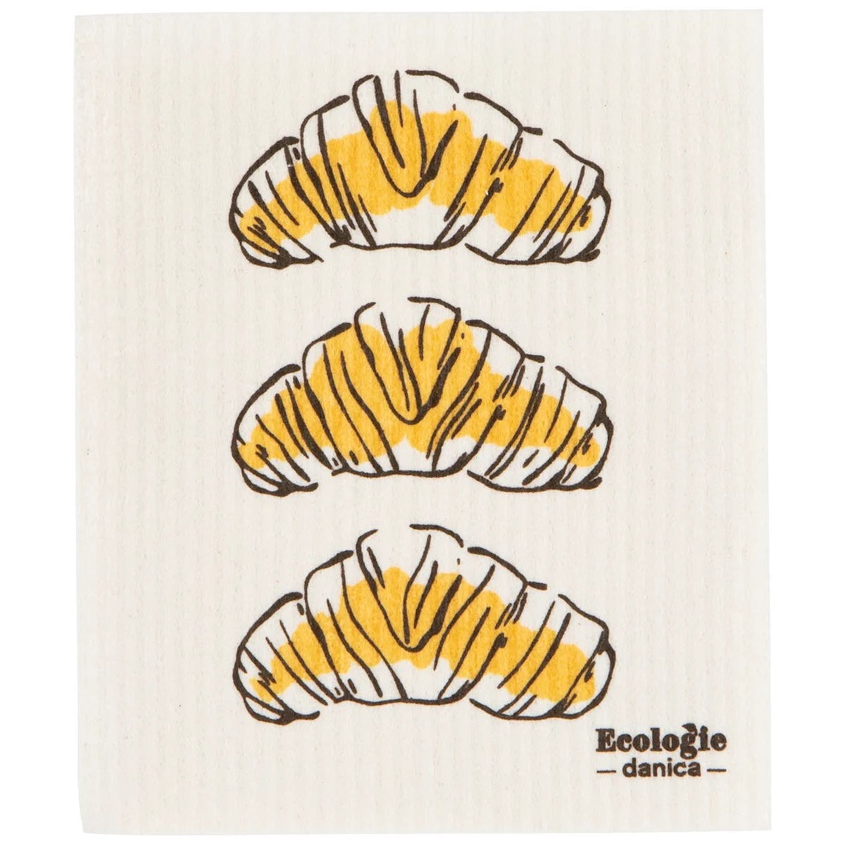 A square white dishcloth with a textured, ribbed surface, printed with three croissant illustrations in yellow and brown, and the brand name 'Ecologie danica' in the bottom right corner.