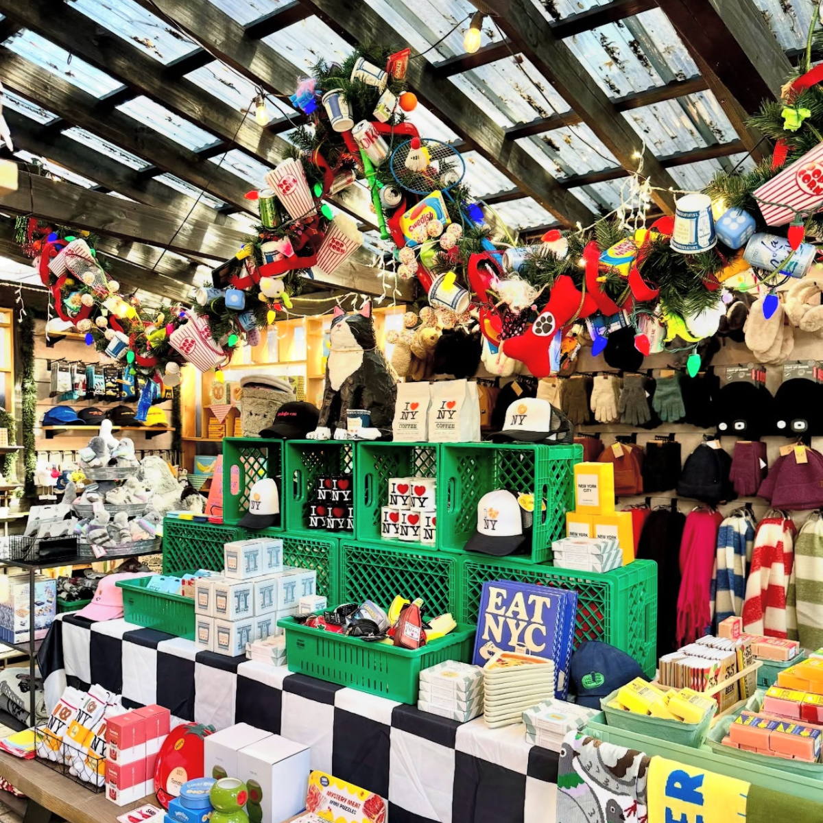 Colorful store interior with various merchandise including hats and toys.