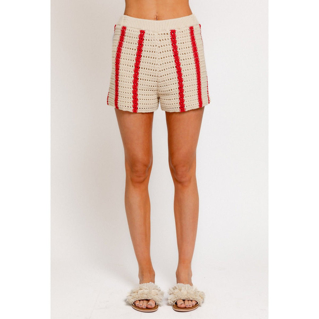 Open Knit Sweater Shorts in Cream/Red Stripe - Lockwood Shop - Le Lis
