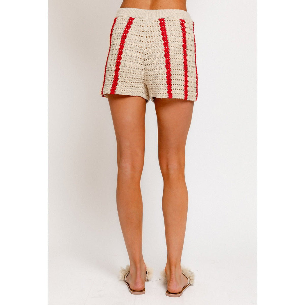 Open Knit Sweater Shorts in Cream/Red Stripe - Lockwood Shop - Le Lis