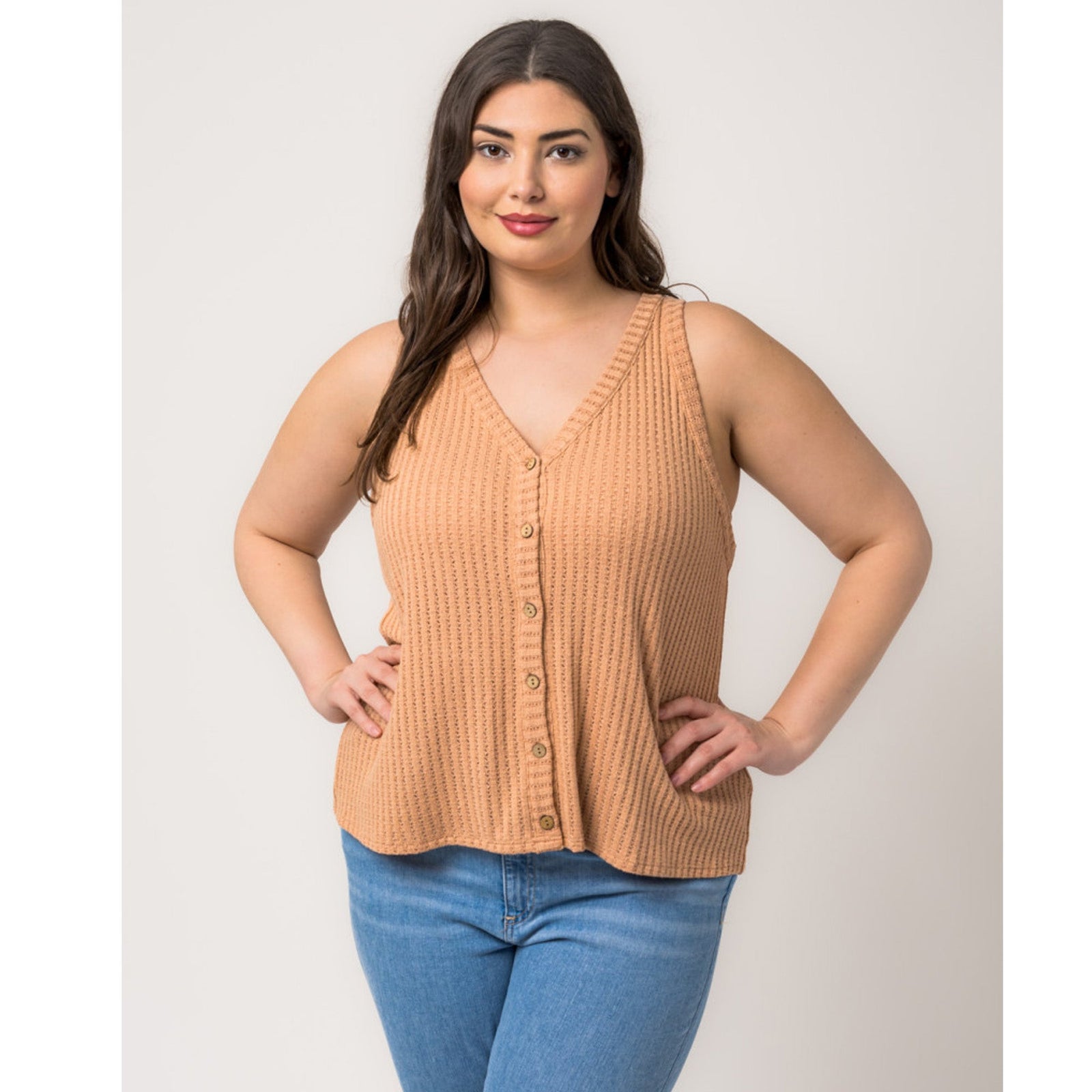 Plus Sleeveless V-Neck Button Top in Butterum - Lockwood Shop - Gilli